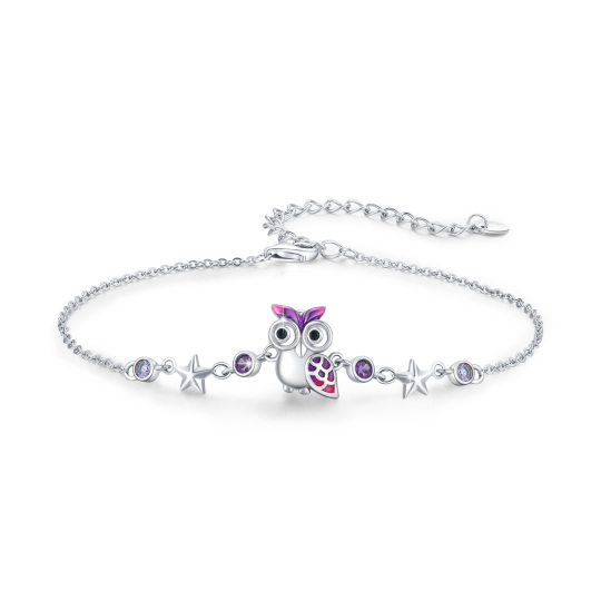 Sterling Silver Circular Shaped Cubic Zirconia Owl & Star Charm Bracelet