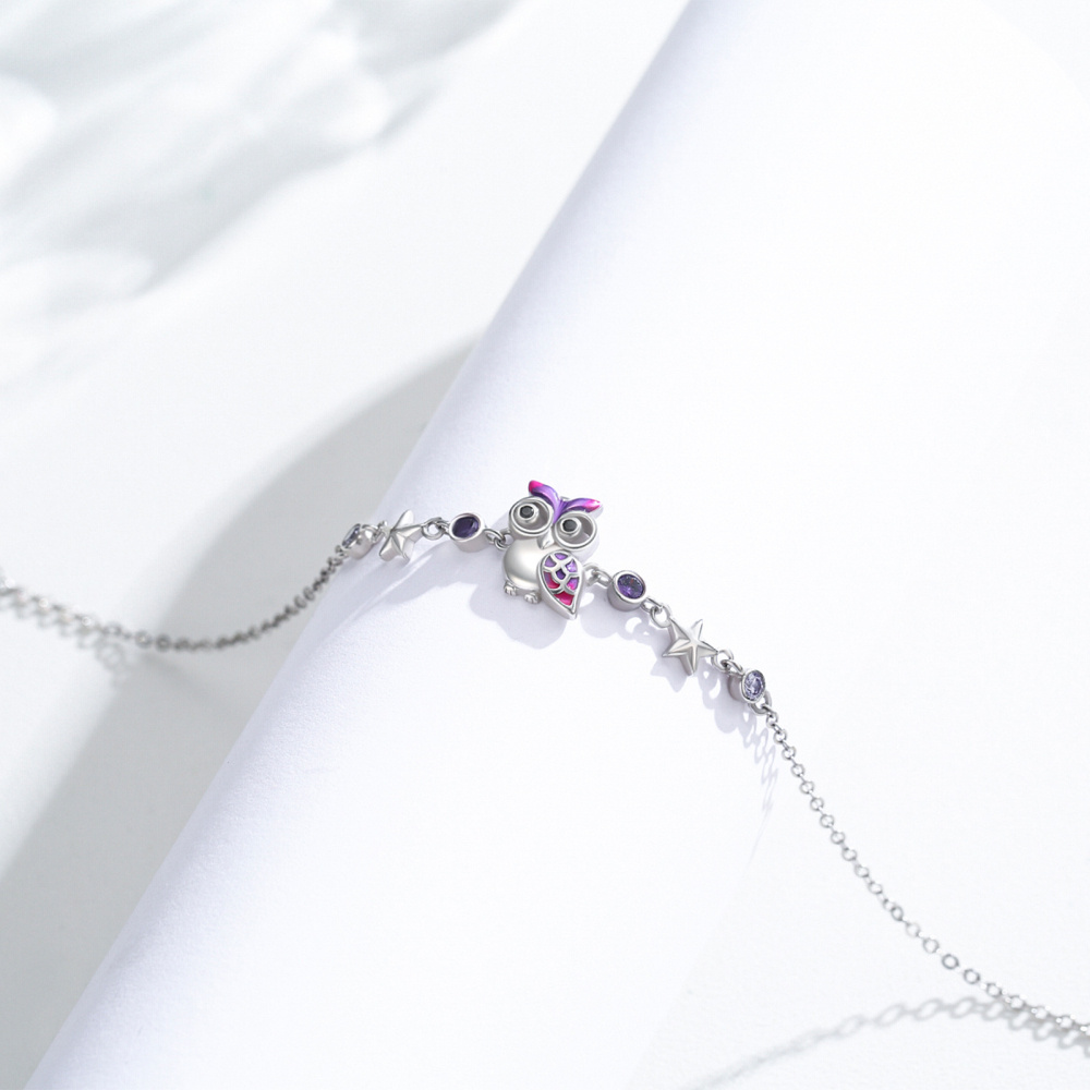 Sterling zilveren cirkelvormige cubic zirkonia uil en ster hanger armband-4