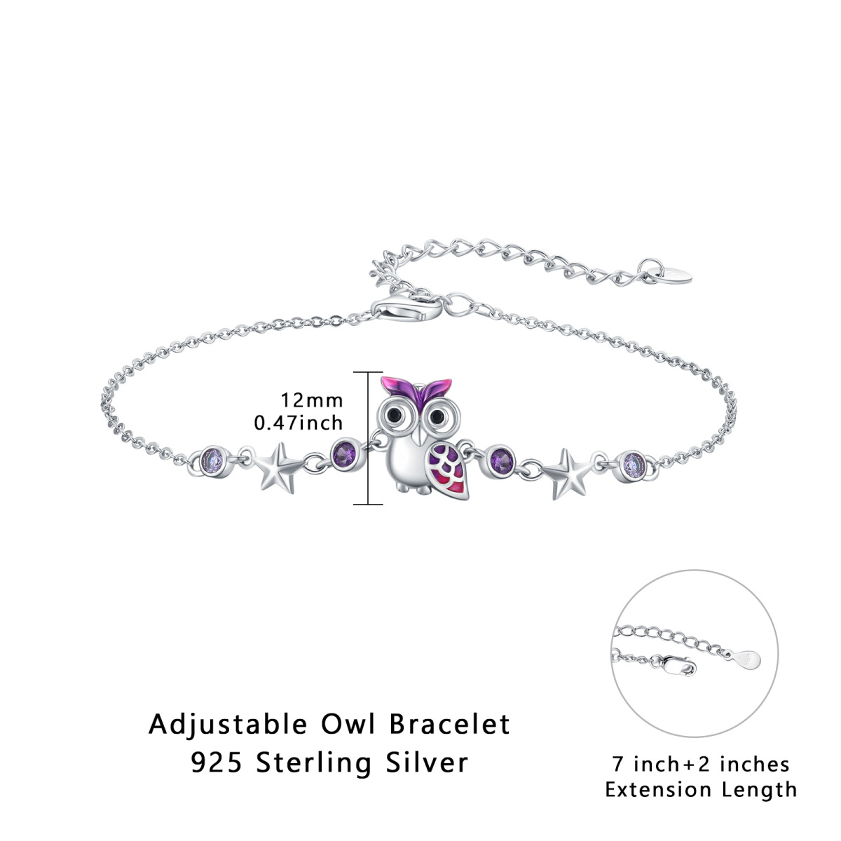 Sterling Silver Circular Shaped Cubic Zirconia Owl & Star Pendant Bracelet-5