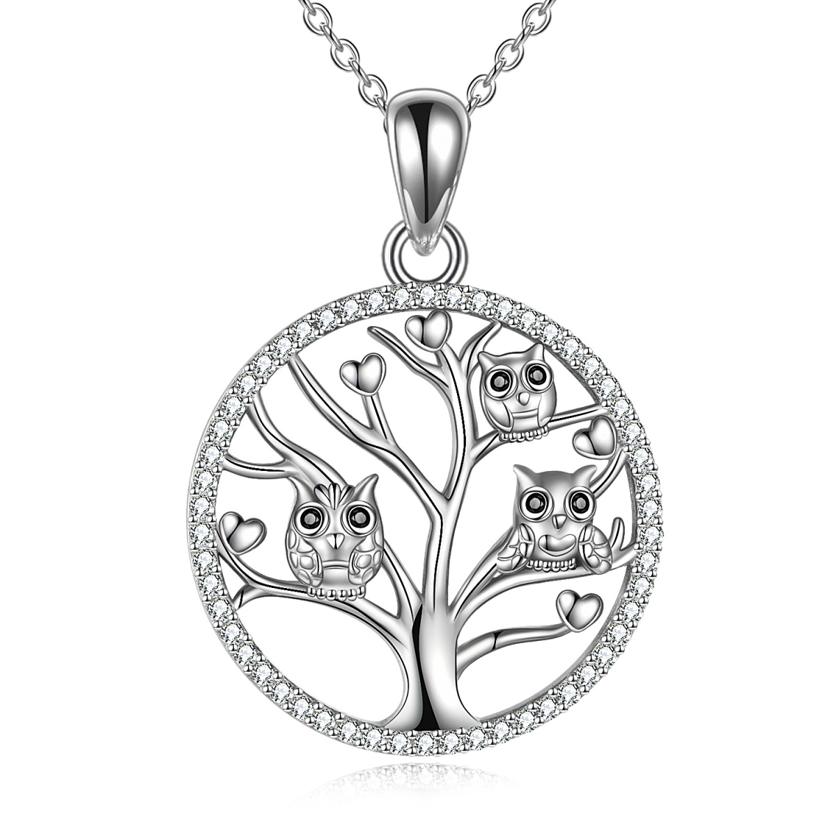 Sterling Silver Circular Shaped Cubic Zirconia Owl & Tree Of Life Pendant Necklace-1