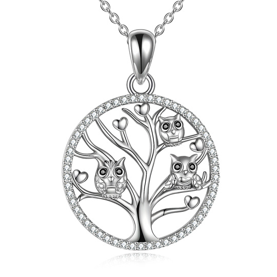 Sterling zilveren cirkelvormige Cubic Zirconia uil en levensboom hanger ketting