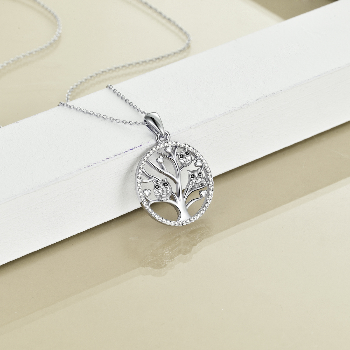 Sterling Silver Circular Shaped Cubic Zirconia Owl & Tree Of Life Pendant Necklace-4