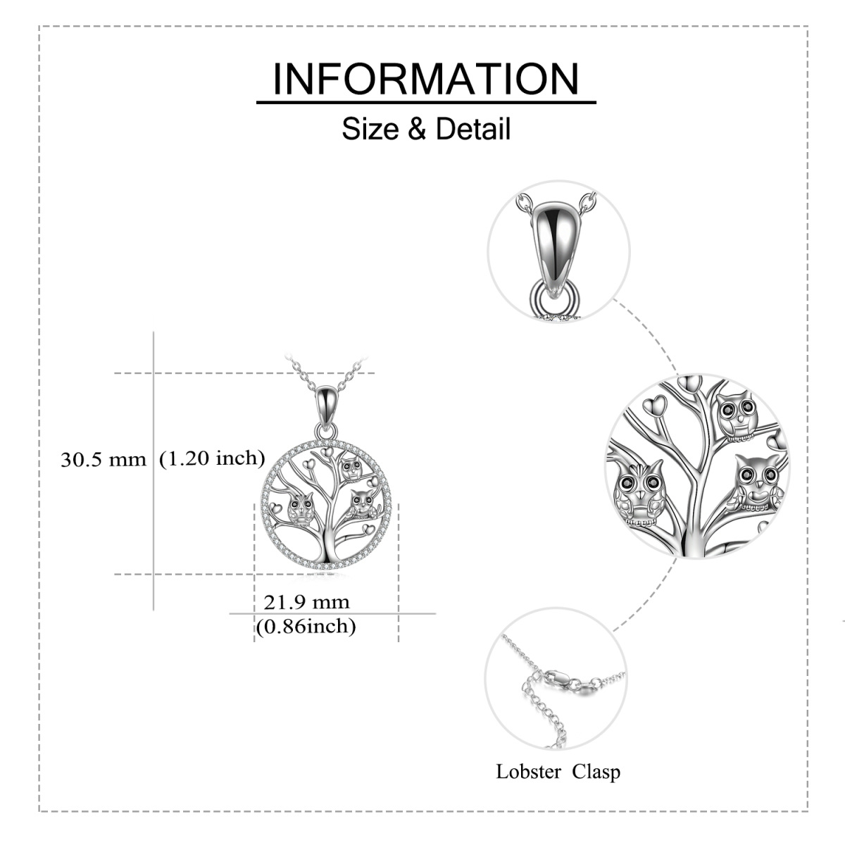 Sterling Silver Circular Shaped Cubic Zirconia Owl & Tree Of Life Pendant Necklace-5