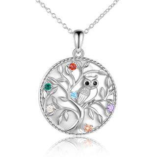 Sterling Silver Circular Shaped Cubic Zirconia Owl & Tree Of Life Pendant Necklace-4