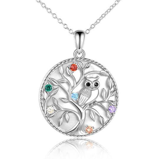 Sterling Silver Circular Shaped Cubic Zirconia Owl & Tree Of Life Pendant Necklace