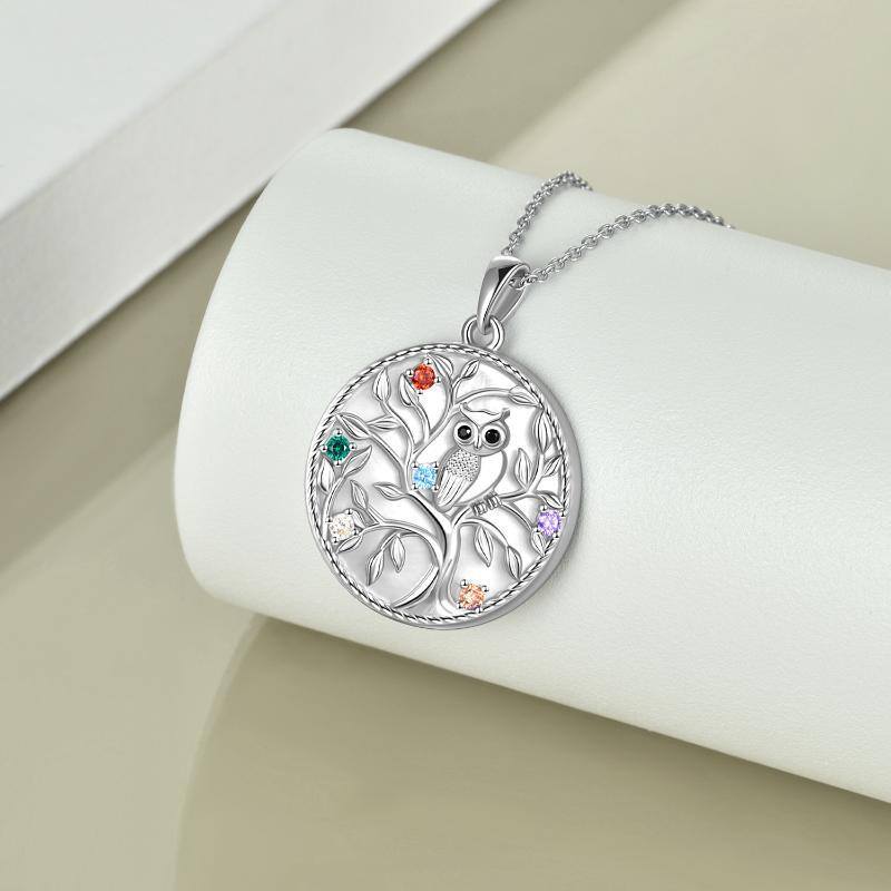 Sterling Silver Circular Shaped Cubic Zirconia Owl & Tree Of Life Pendant Necklace-4