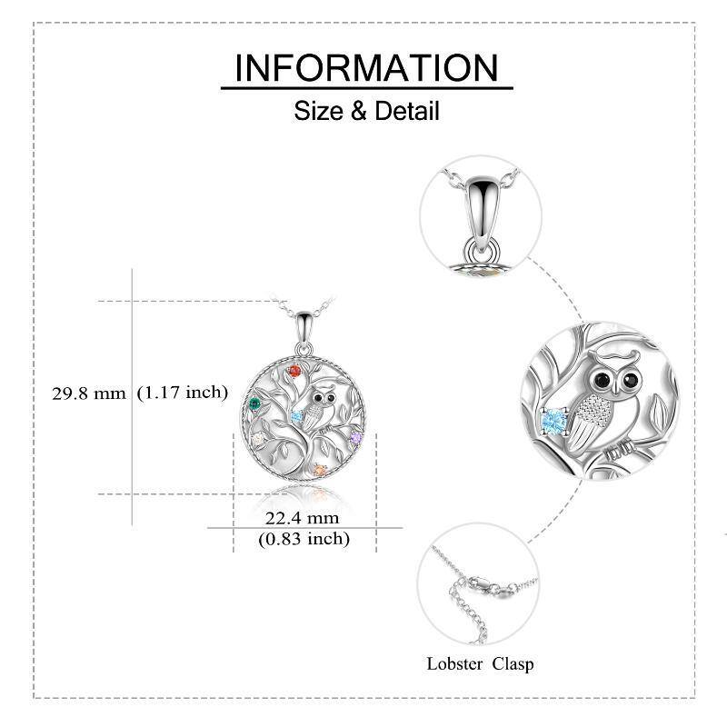 Sterling Silver Circular Shaped Cubic Zirconia Owl & Tree Of Life Pendant Necklace-5