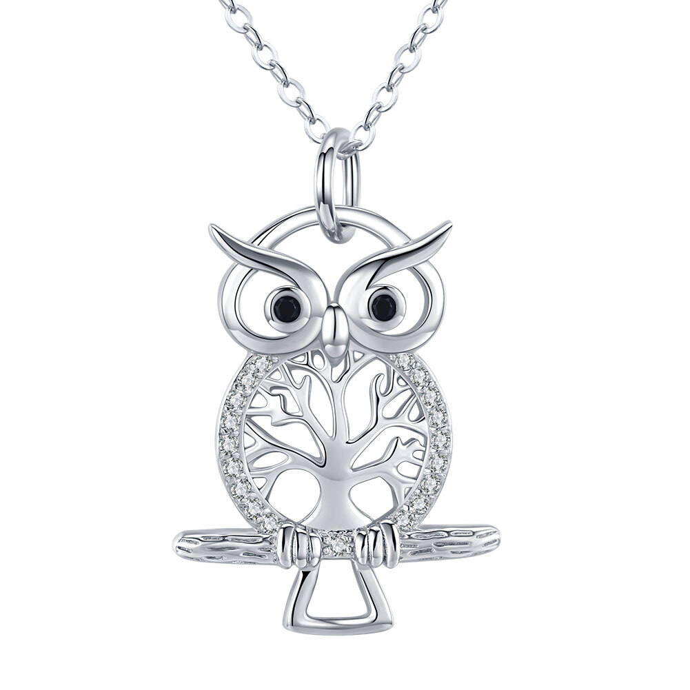 Sterling Silver Circular Shaped Cubic Zirconia Owl & Tree Of Life Pendant Necklace-1