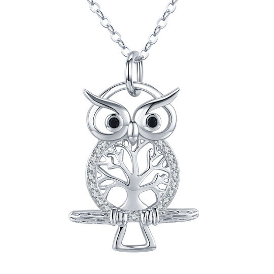 Sterling Silver Circular Shaped Cubic Zirconia Owl & Tree Of Life Pendant Necklace