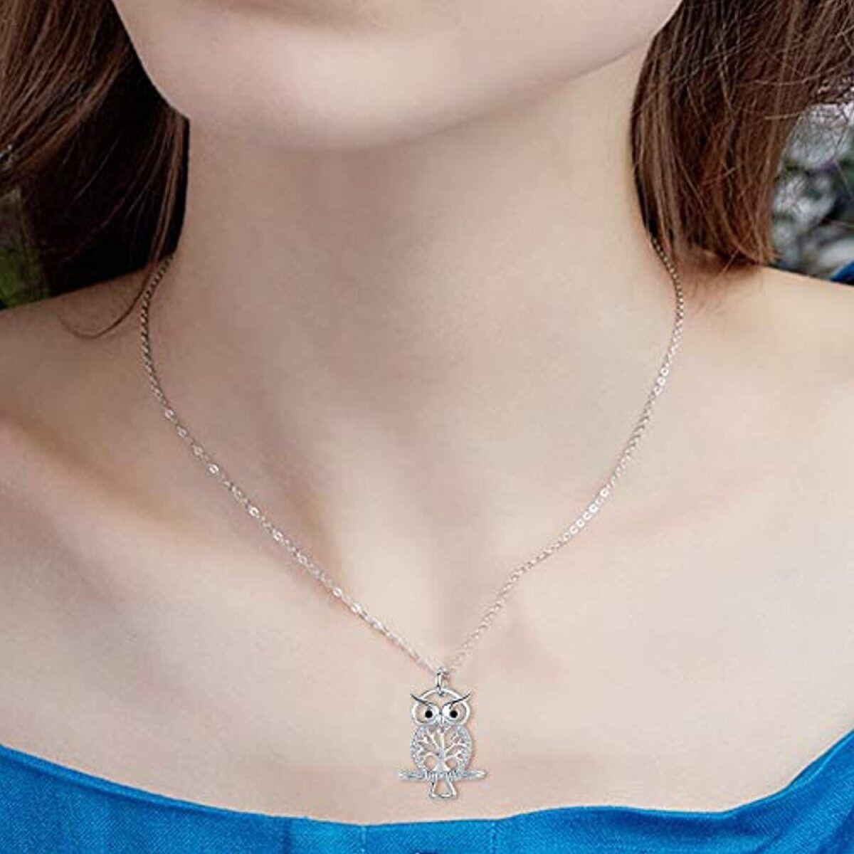 Sterling Silver Circular Shaped Cubic Zirconia Owl & Tree Of Life Pendant Necklace-2