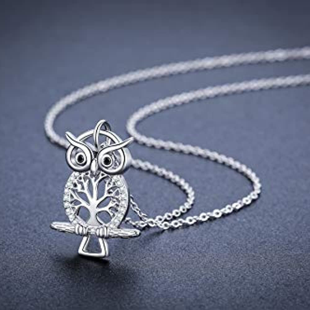 Sterling Silver Circular Shaped Cubic Zirconia Owl & Tree Of Life Pendant Necklace-4