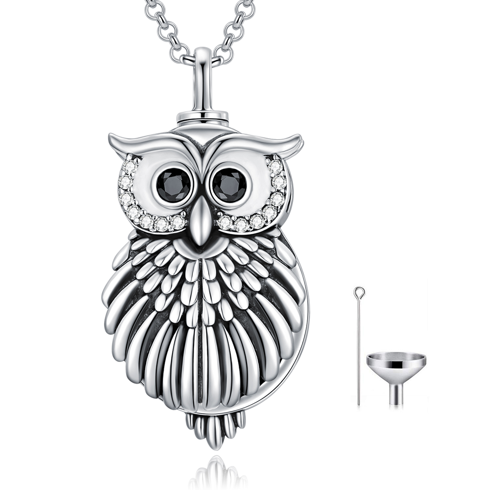 Collier urne hibou en argent sterling avec mot gravé-1