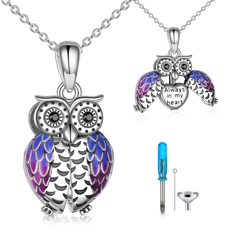 Sterling Silver Circular Shaped Cubic Zirconia Owl Urn Necklace for Ashes with Engraved Word-3