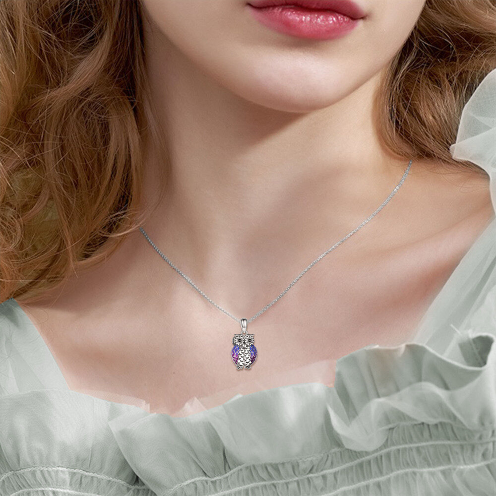Sterling Silver Circular Shaped Cubic Zirconia Owl Urn Necklace for Ashes with Engraved Word-2