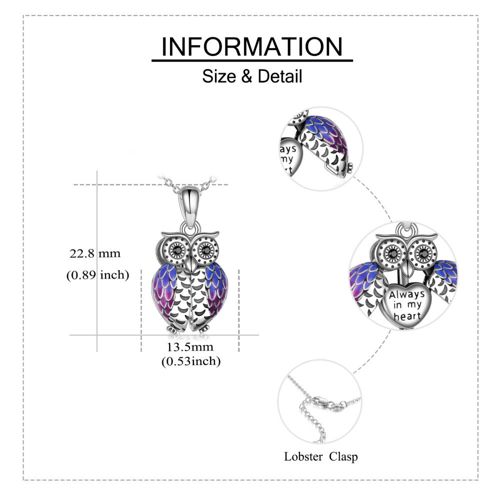 Sterling Silver Circular Shaped Cubic Zirconia Owl Urn Necklace for Ashes with Engraved Word-3