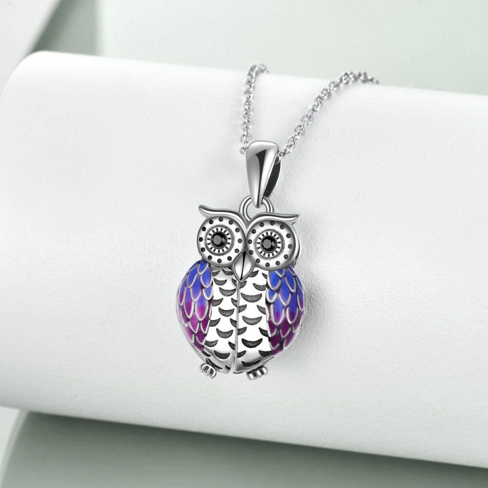 Sterling Silver Circular Shaped Cubic Zirconia Owl Urn Necklace for Ashes with Engraved Word-4