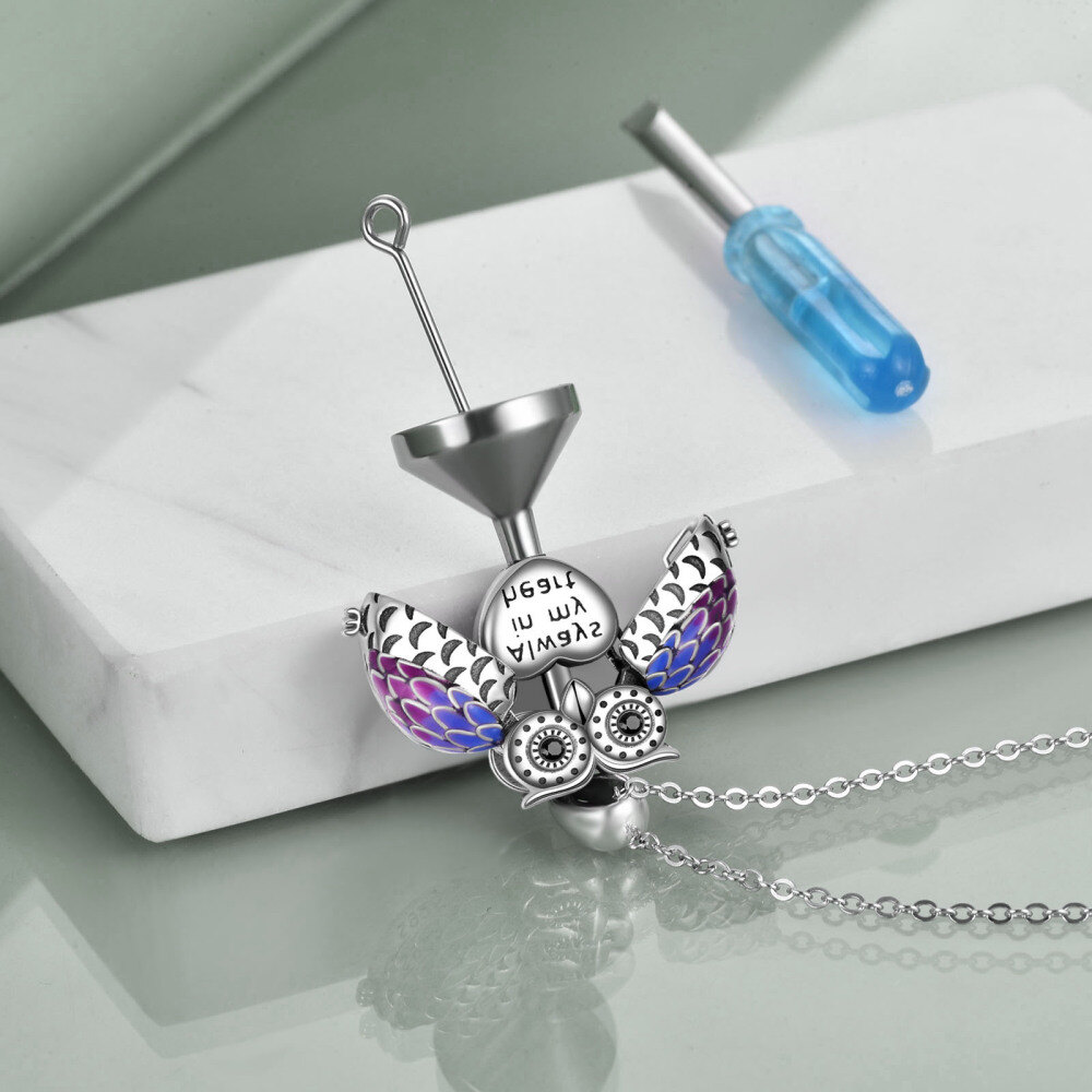 Sterling Silver Circular Shaped Cubic Zirconia Owl Urn Necklace for Ashes with Engraved Word-5