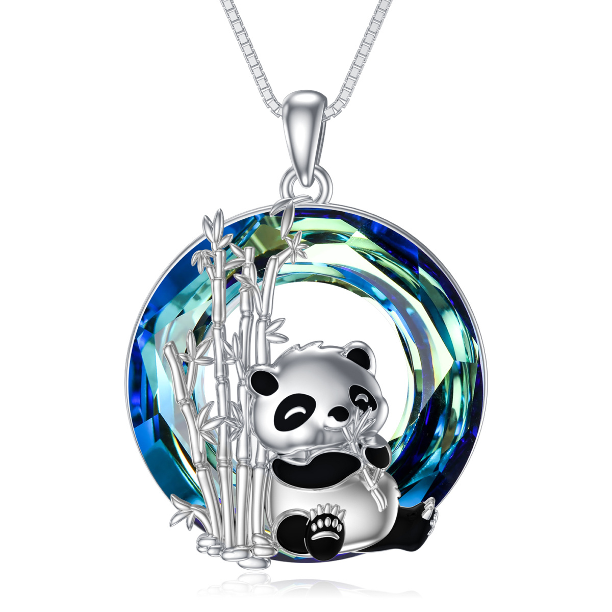 Sterling Silver Circular Shaped Panda & Bamboo Crystal Pendant Necklace-1