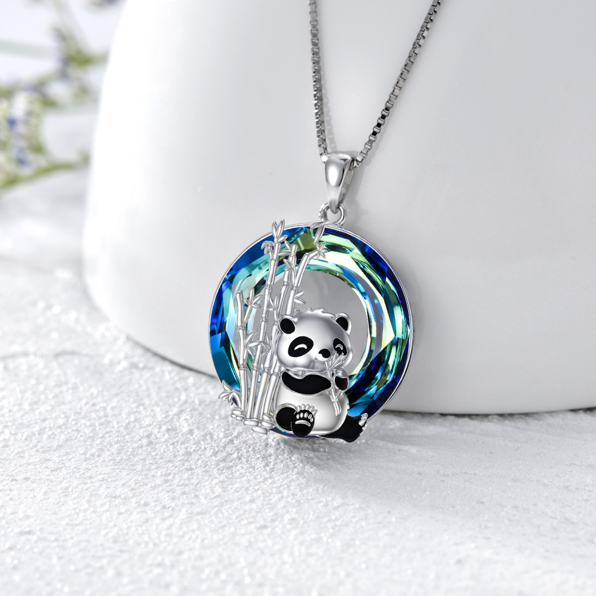 Sterling Silver Circular Shaped Panda & Bamboo Crystal Pendant Necklace-3