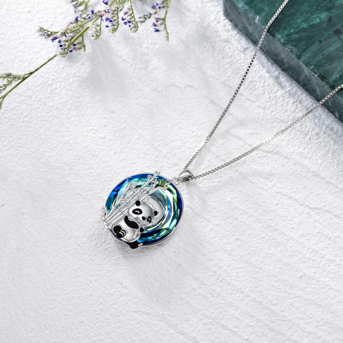 Sterling Silver Circular Shaped Panda & Bamboo Crystal Pendant Necklace-4