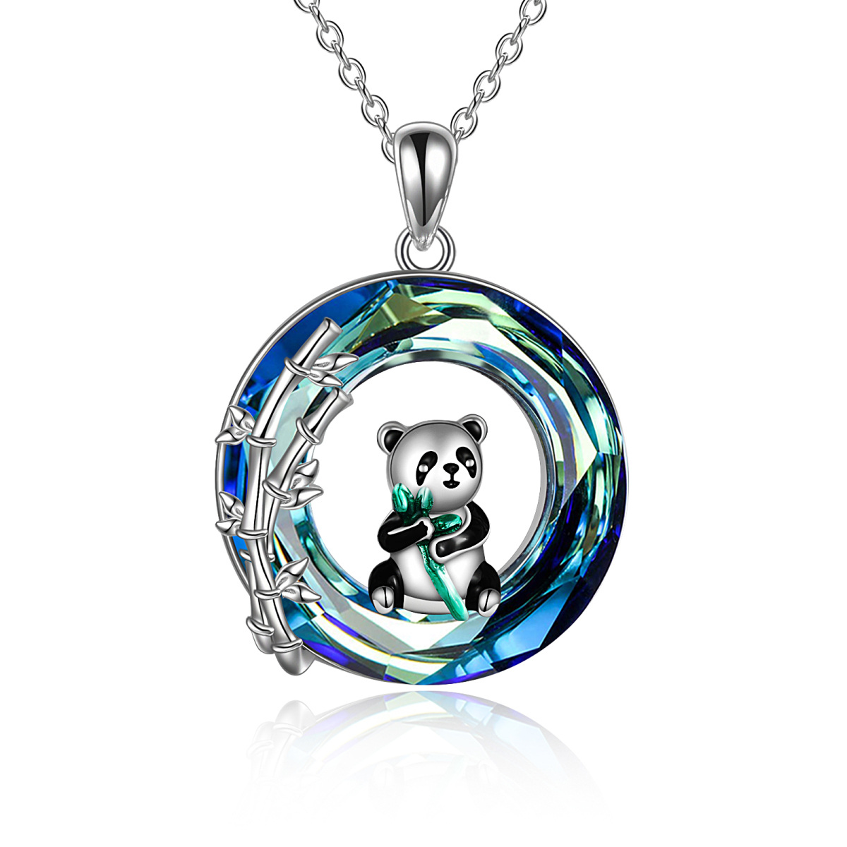 Sterling zilveren cirkelvormige panda & bamboe kristal hanger ketting-1