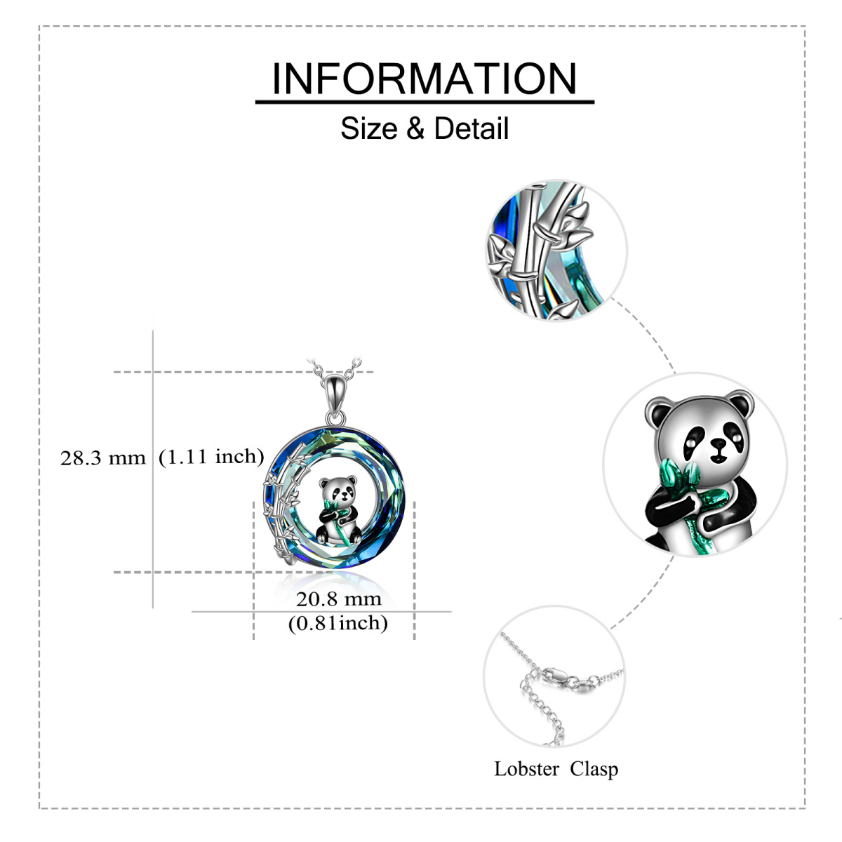 Sterling zilveren cirkelvormige panda & bamboe kristal hanger ketting-5