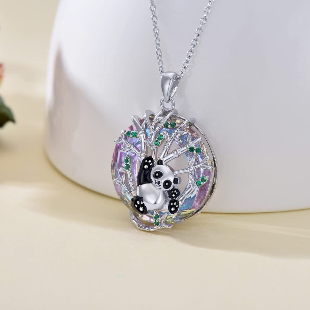 Sterling Silver Circular Shaped Panda Crystal Pendant Necklace-3