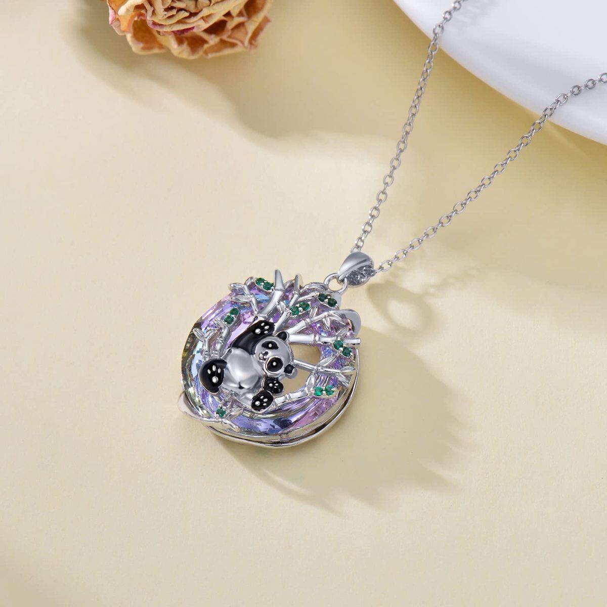 Sterling Silver Circular Shaped Panda Crystal Pendant Necklace-4