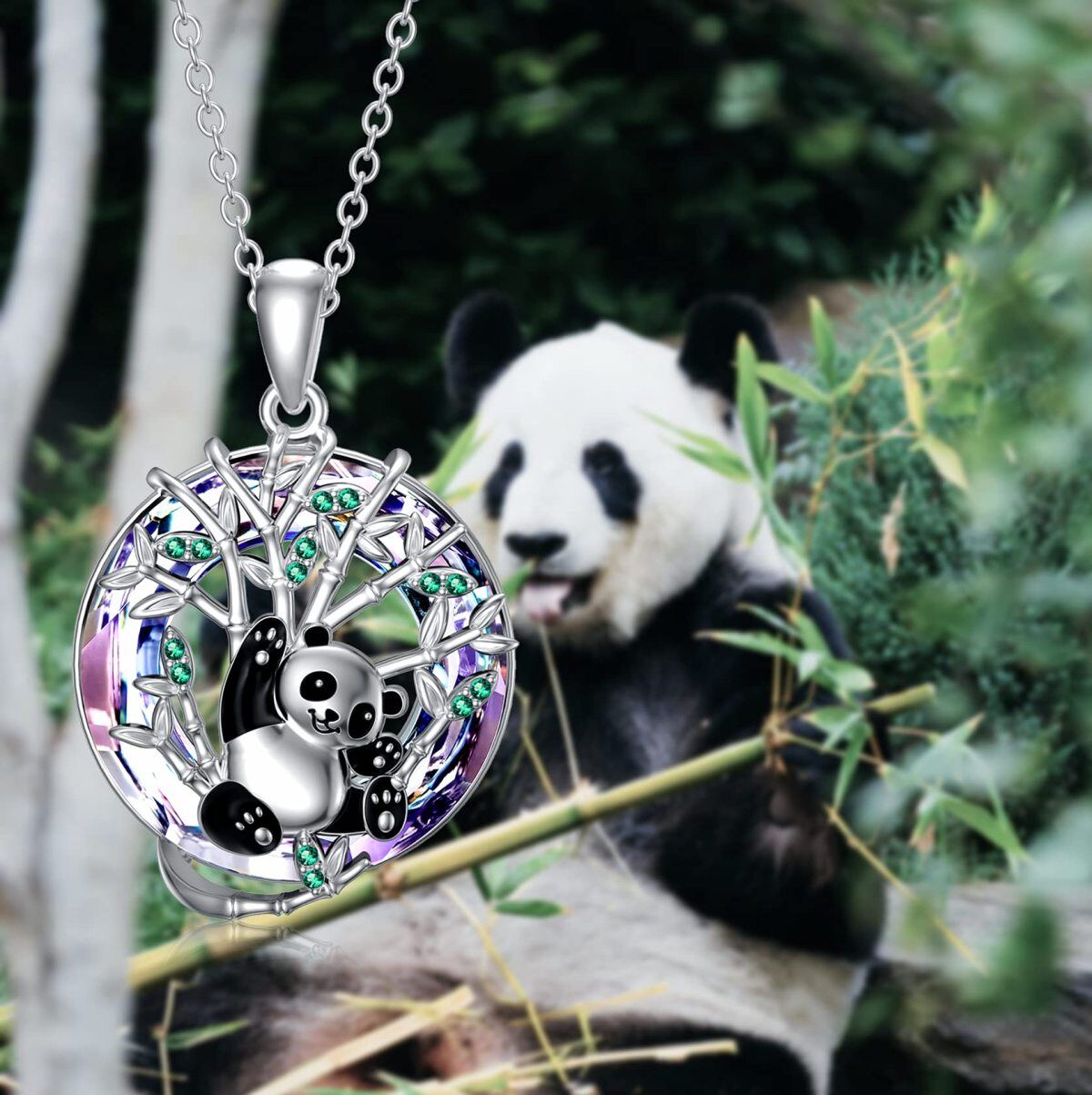 Sterling Silver Circular Shaped Panda Crystal Pendant Necklace-5