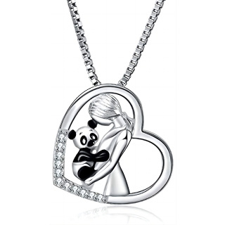 Sterling Silver Circular Shaped Cubic Zirconia Panda & Heart Pendant Necklace-38