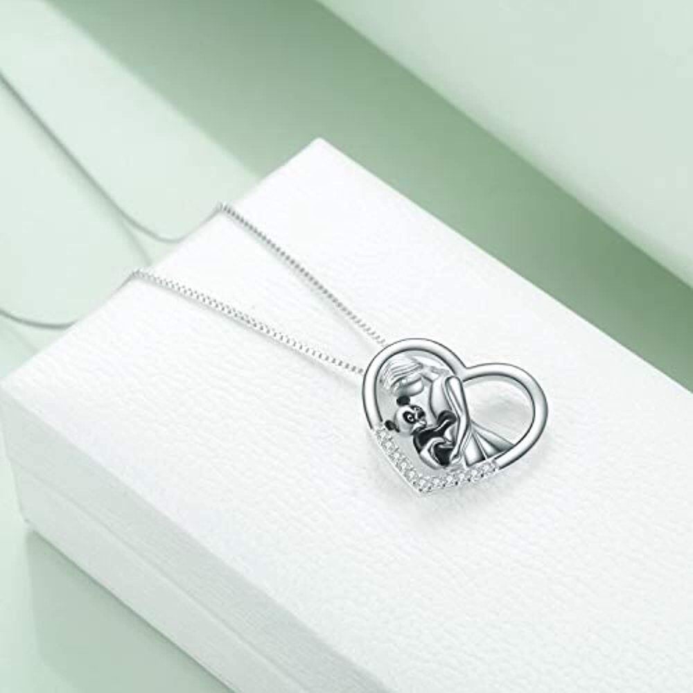 Sterling Silver Circular Shaped Cubic Zirconia Panda & Heart Pendant Necklace-3
