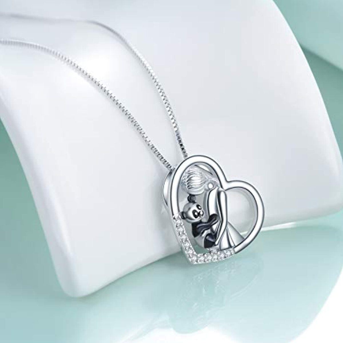 Sterling Silver Circular Shaped Cubic Zirconia Panda & Heart Pendant Necklace-4