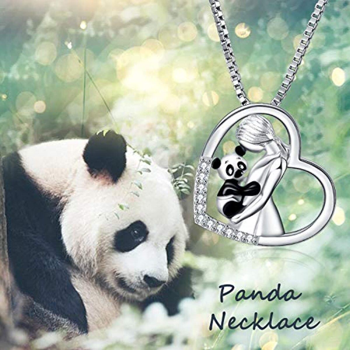 Collar colgante de plata de ley con forma circular de circonita panda y corazón-6