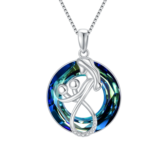 Sterling Silver Circular Shaped Parents & Children Crystal Pendant Necklace