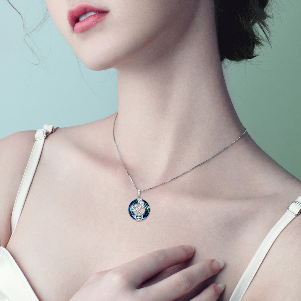 Sterling Silver Circular Shaped Parents & Children Crystal Pendant Necklace-2