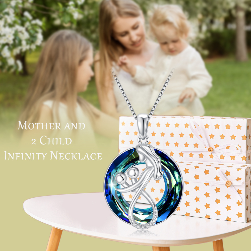 Sterling Silver Circular Shaped Parents & Children Crystal Pendant Necklace-3