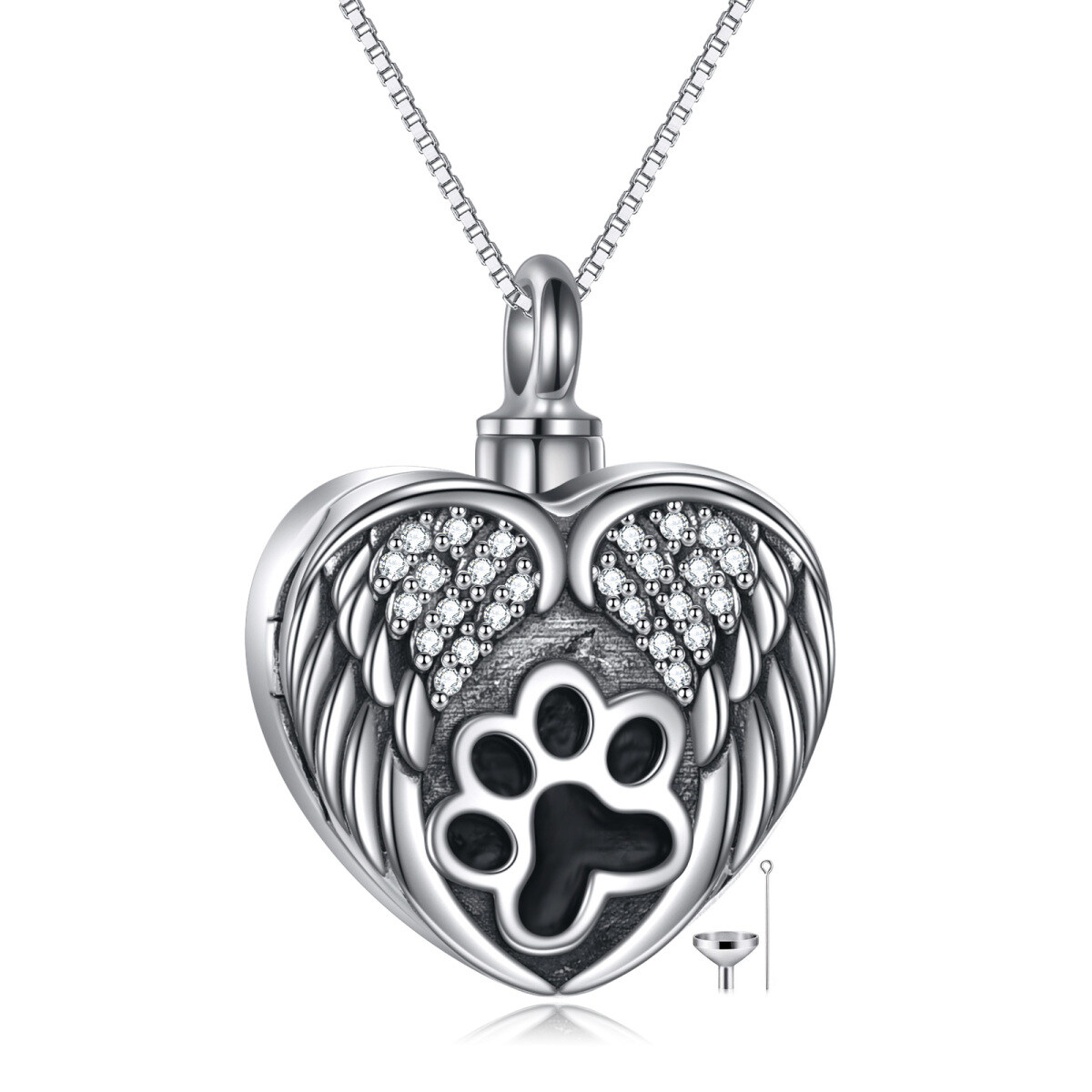 Sterling Silver Circular Cubic Zirconia Paw & Angel Wing Urn Necklace For Ashes-1