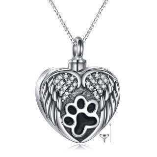 Sterling Silver Circular Cubic Zirconia Paw & Angel Wing Urn Necklace For Ashes-3