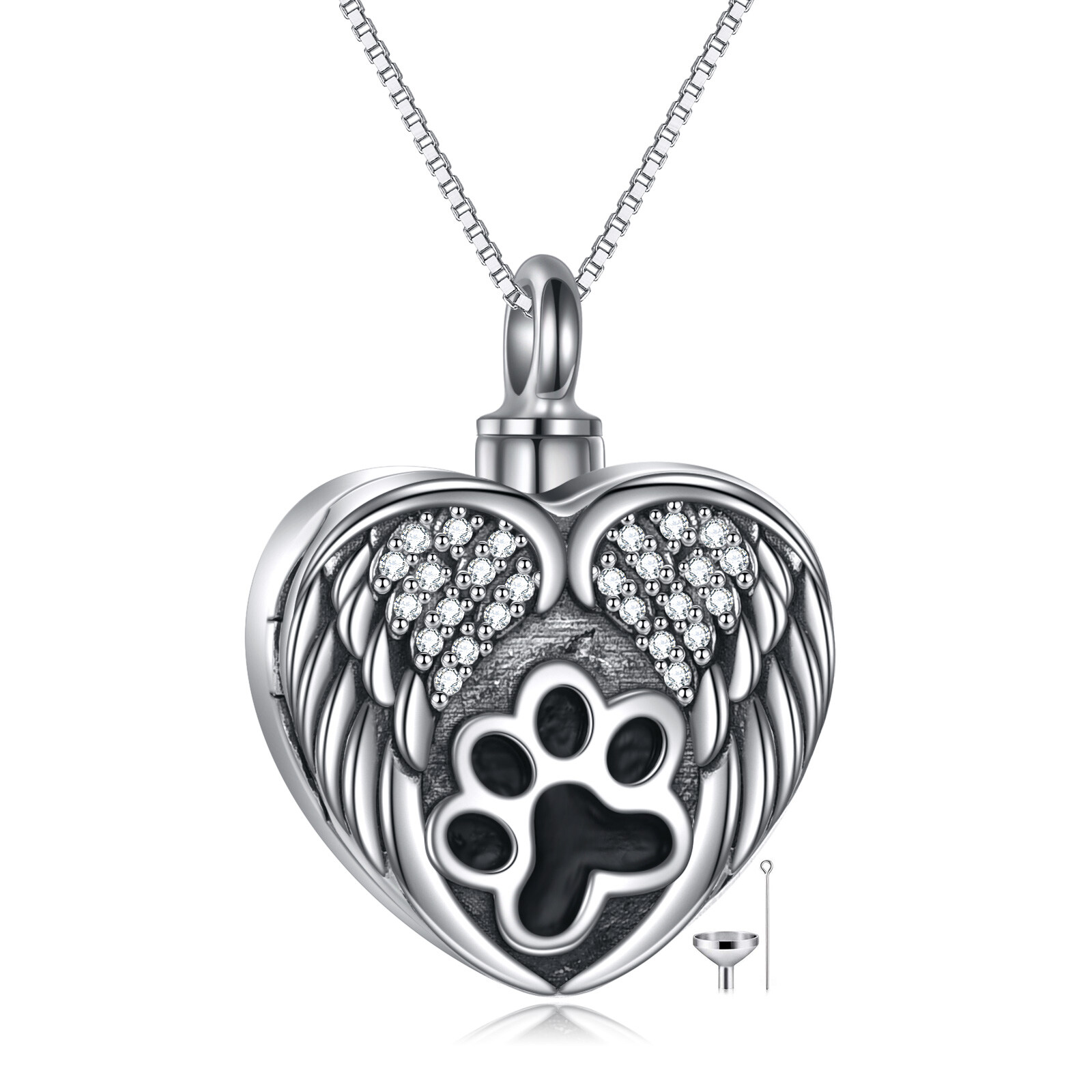 Sterling Silver Circular Shaped Cubic Zirconia Paw & Angel Wing & Heart Urn Necklace for Ashes with Engraved Word