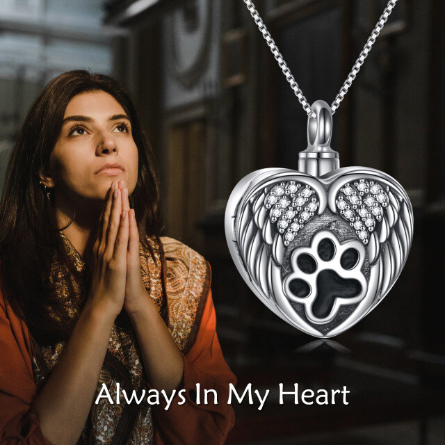 Sterling Silver Circular Shaped Cubic Zirconia Paw & Angel Wing & Heart Urn Necklace for Ashes with Engraved Word-6