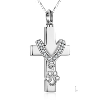 Sterling Silver Circular Shaped Cubic Zirconia Paw & Cross Urn Necklace for Ashes with Engraved Word-5