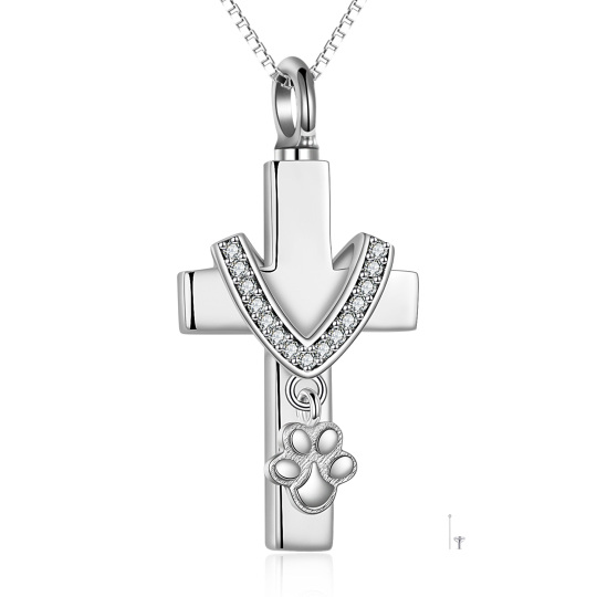 Sterling Silver Circular Shaped Cubic Zirconia Paw & Cross Urn Necklace for Ashes with Engraved Word