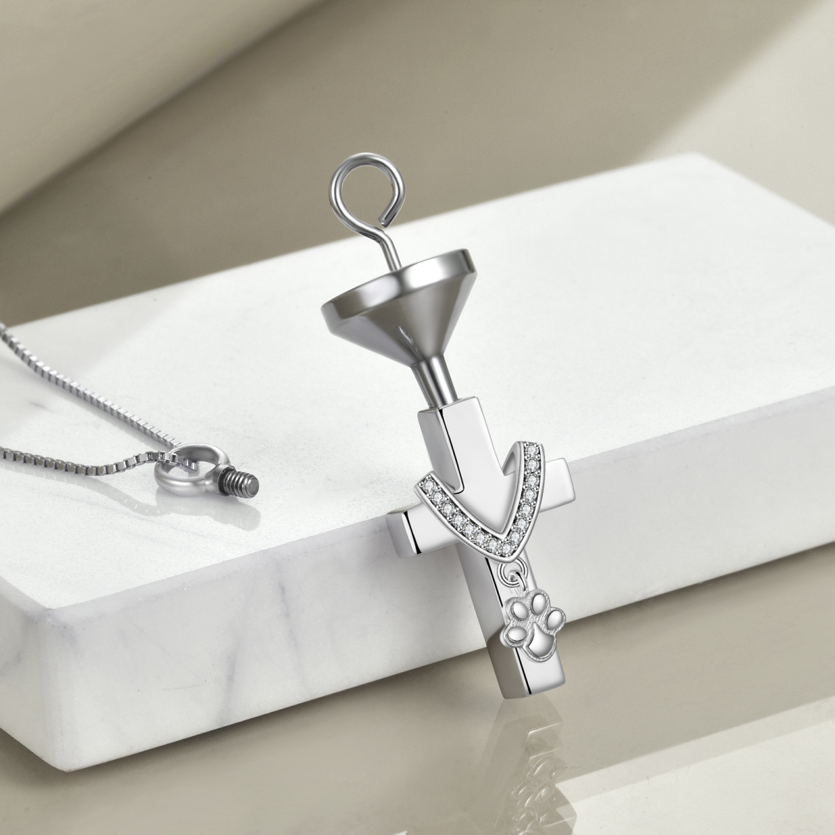 Sterling Silber kreisförmig Cubic Zirkonia Pfote & Kreuz Urne Halskette für Asche mit eing-3