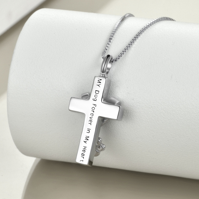 Sterling Silver Circular Shaped Cubic Zirconia Paw & Cross Urn Necklace for Ashes with Engraved Word-4