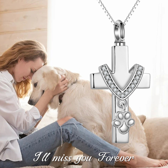 Sterling Silver Circular Shaped Cubic Zirconia Paw & Cross Urn Necklace for Ashes with Engraved Word-6