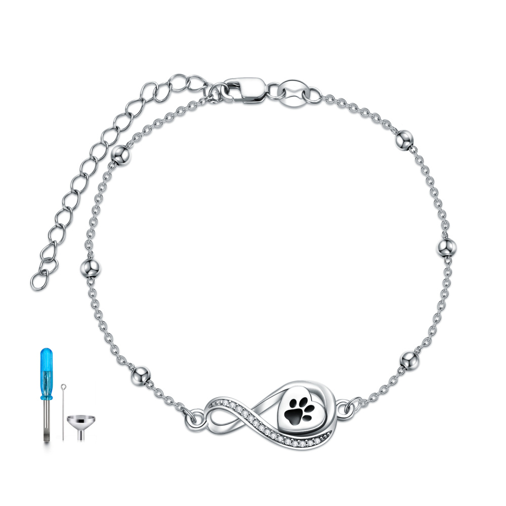 Sterling Silver Circular Cubic Zirconia Paw With Heart With Infinity Symbol Urn Bracelet For Ashes For Women-1