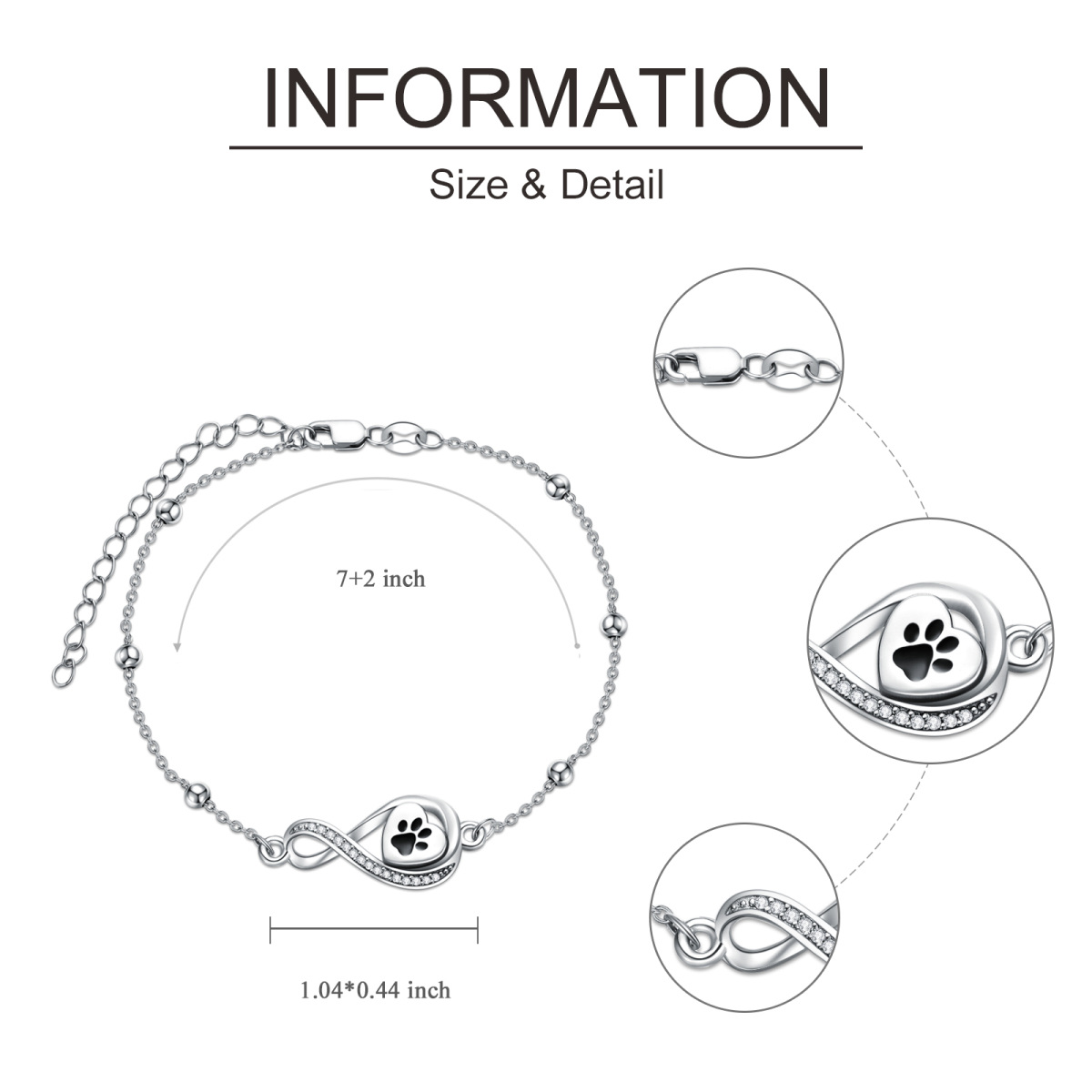 Pulsera de urna circular de plata de ley con circonita cúbica y corazón con símbolo de infinito para cenizas para mujer-3