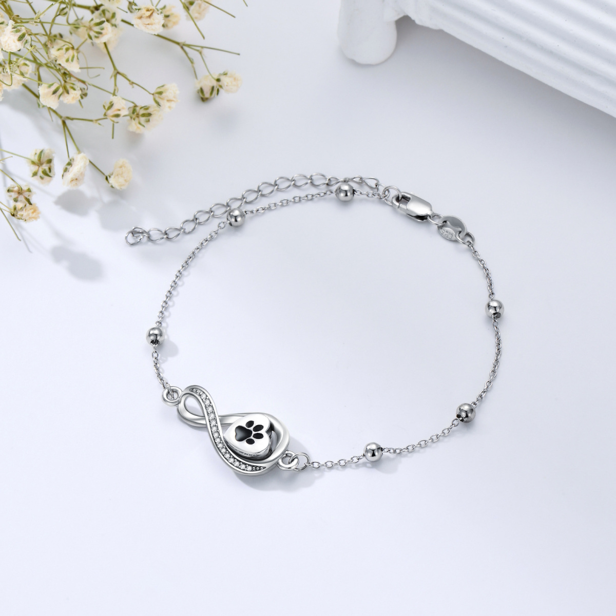 Pulsera de urna circular de plata de ley con circonita cúbica y corazón con símbolo de infinito para cenizas para mujer-4