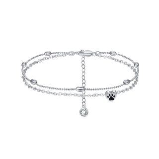 Sterling Silver Circular Shaped Cubic Zirconia Paw & Heart Multi-layered Anklet-5