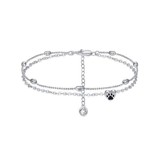 Bracelet de cheville en argent sterling avec zircon cubique Paw & Heart multicouches